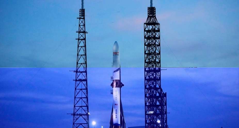 FILE - A Blue Origin New Glenn rocket stands ready for launch at the Cape Canaveral Space Force station in Cape Canaveral, Fla., on April 18, 2026. -  John Raoux, AP