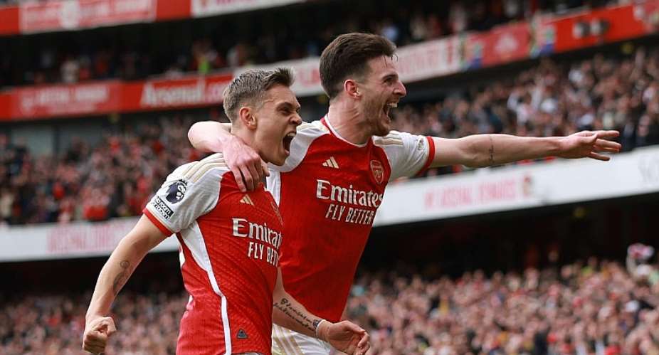 LONDON, ENGLAND - MAY 4: Leandro Trossard of Arsenal celebrates scoring the second goal with Declan Rice during the Premier League match between Arsenal FC and AFC Bournemouth at Emirates Stadium on May 4, 2024 in London,Image credit: Getty Images