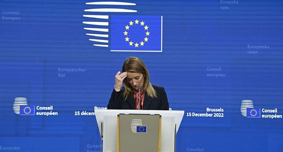 European Parliament President Roberta Metsola attends a press conference during European Council Summit in Brussels, on December 15, 2022. JOHN THYS/AFP VIA GETTY IMAGES