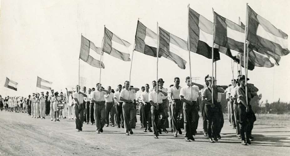 Members of the Ossewabrandwag on parade during WWII. The then political opposition collaborated with the Germans.  - Source: OB Photo Collection/Records, Archives and Museum Division, North-West University