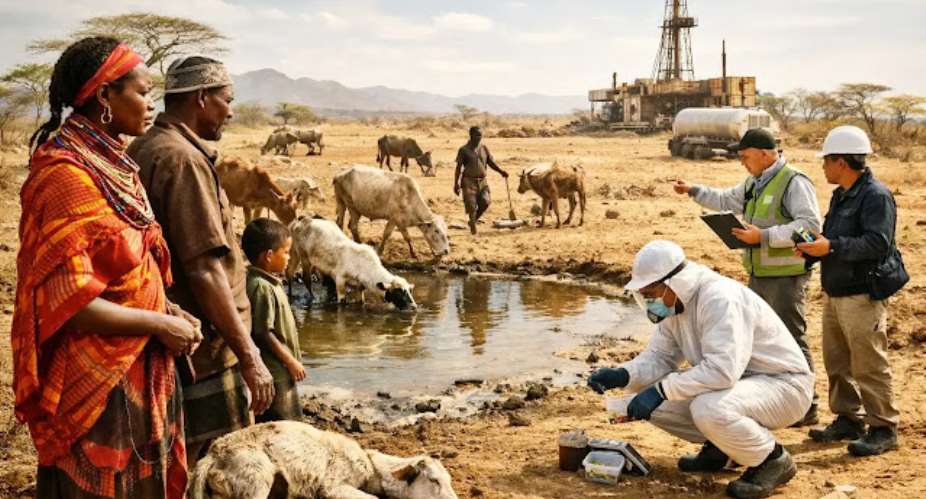 Kenyan pastoralist families and livestock near a contaminated water source, with environmental inspectors examining the land