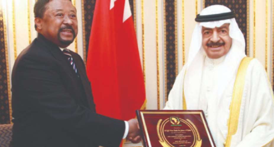 Bahrain Prime Minister HRH Prince Khalifa receives African Union Shield from former African Union Commission Chairperson Jean Ping for his role in cementing links with African countries and efforts to promote global peace and stability.