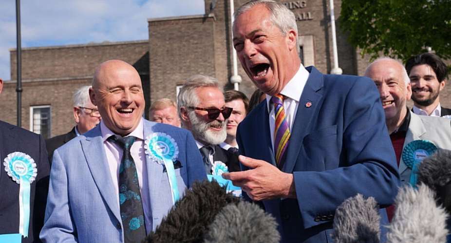 Reform UK leader Nigel Farage celebrates historic change in British politics after his party won more than 300 seats in England. - AP - Yui Mok