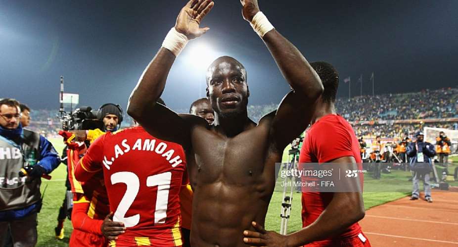 RUSTENBURG, SOUTH AFRICA - JUNE 26: Stephen Appiah of Ghana celebrates progress to the quarter finals after the 2010 FIFA World Cup South Africa Round of Sixteen match between USA and Ghana at Royal Bafokeng Stadium on June 26, 2010 in Rustenburg, South Africa. Photo by Jeff Mitchell - FIFAFIFA via Getty Images
