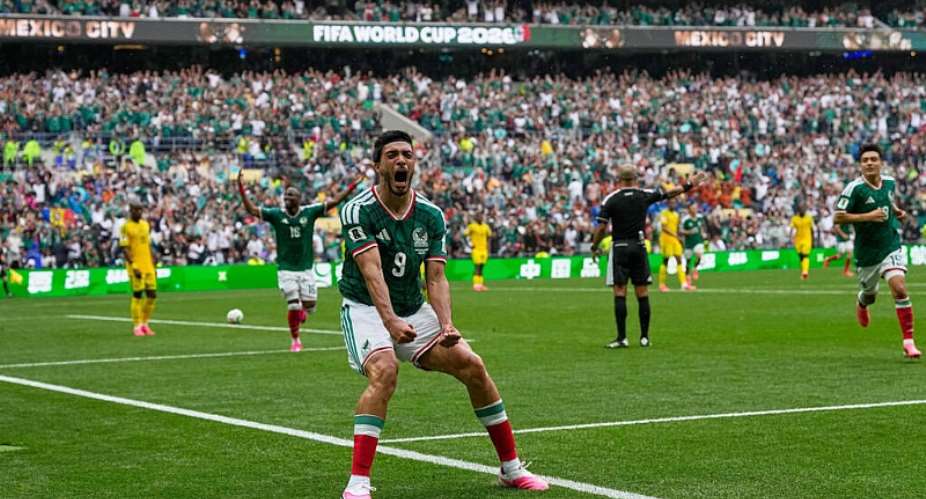 Mexicos Raul Jimenez celebrates after scoring his sides second goal during the World Cup Group A soccer match between Mexico and South Africa in Mexico City, Thursday, June 11, 2026. -  Natacha Pisarenko, AP