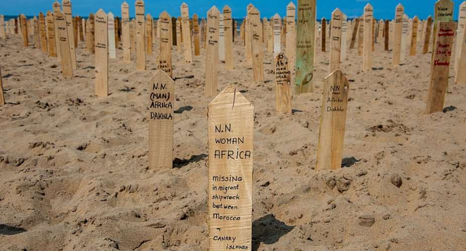 A pop-up memorial in The Hague for those lives lost crossing into Europe. - Source: Photo by Romy Arroyo Fernandez/NurPhoto via GettyImages