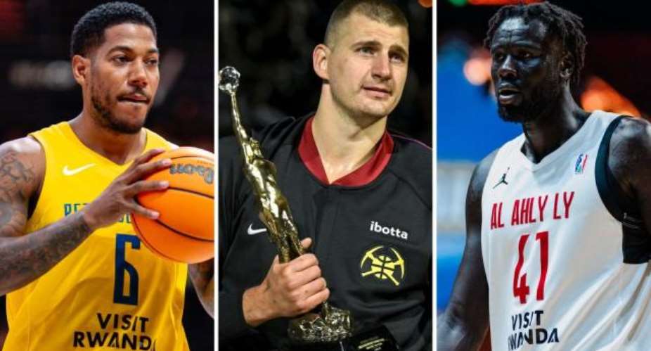 GETTY IMAGESImage caption: Petro de Luandas Carlos Morais (left) and Al Ahly Libyas Jo Lual-Acuil (right) meet in the BAL final and could become the competitions MVP - matching NBA star Nikola Jokic (centre)
