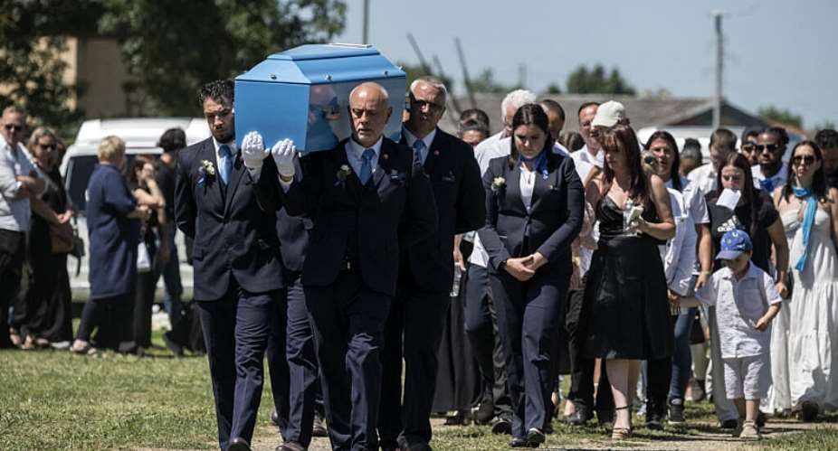 Pallbearers carry 11-year-old girl Lyhannas coffin during the funeral ceremony in Fleurance, south western France on June 12, 2026. -  Ed Jones, AFP