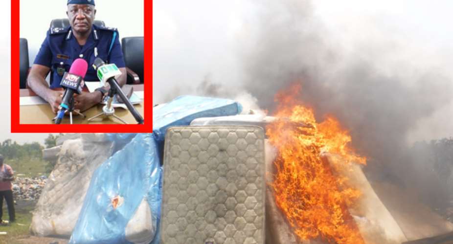 Some of the seized mattresses on fire. INSET:Mr. Lawrence Anang addressing the media