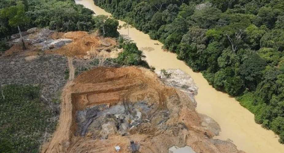 Mining destruction along River Tano, Western Region, Ghana