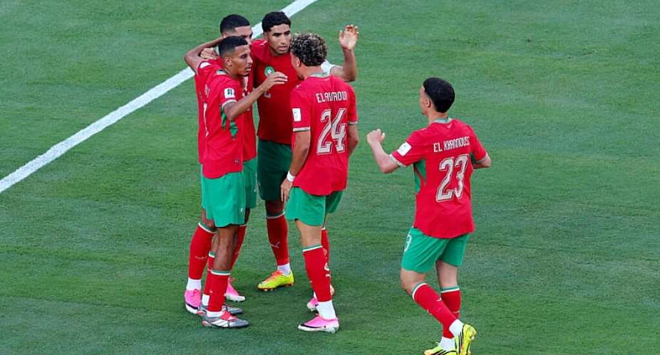 Moroccos Ismael Saibari celebrates scoring their first goal with teammates, at MetLife stadium, New Jersey, on June 13, 2026. -  Mike Segar, Reuters