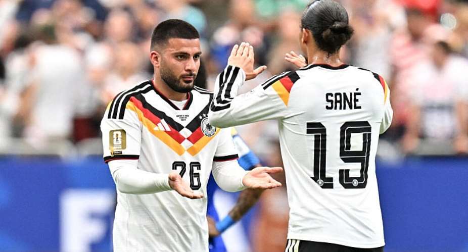 Germanys Deniz Undav celebrates scoring their sixth goal with Leroy Sane, on July 13. -  Maria Lysaker, Reuters