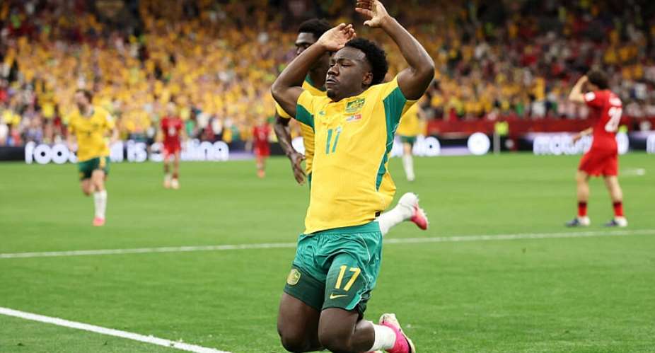 Nestory Irankunda runs to the Australia fans after putting his country ahead in the World Cup group game against Turkey. -  Stu Forster, Getty Images via AFP