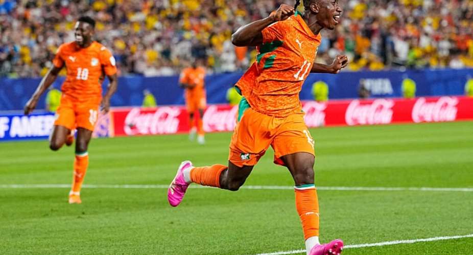 Ivory Coasts Yan Diomande celebrates after teammate Amad Diallo scored their first goal during the World Cup Group E soccer match between Ivory Coast and Ecuador in Philadelphia on June 14, 2026. -  Petr David Josek, AP