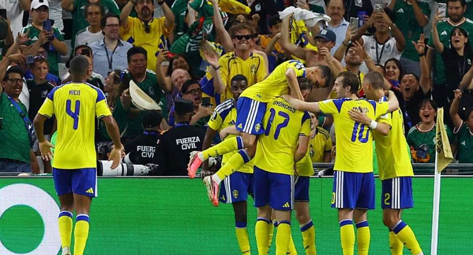 Swedens Viktor Gykeres celebrates scoring their third goal with teammates. -  Daniel Becerril, Reuters