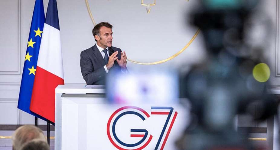 Frances President Emmanuel Macron speaks during a meeting at the Elysee Palace in Paris on 10 June 2026 with leaders of the G7 Engagement Groups involved on social and economic issues ahead of the upcoming G7 summit in Evian. -  AFP - CHRISTOPHE PETIT TESSON