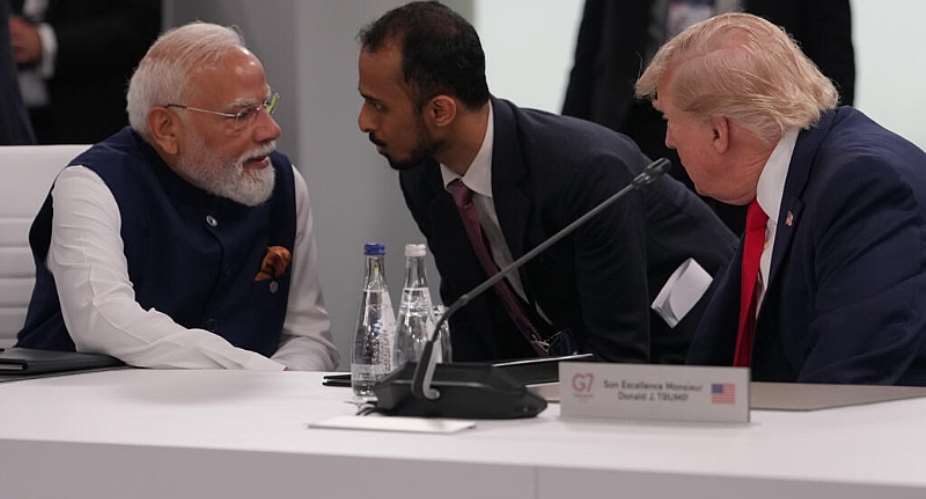 Indian Prime Minister Narenda Modi talks to President Donald Trump before the plenary session at the G7 summit, June 16, 2026, in Evian-les-Bains, France. -  Julia Demaree Nikhinson, AFP