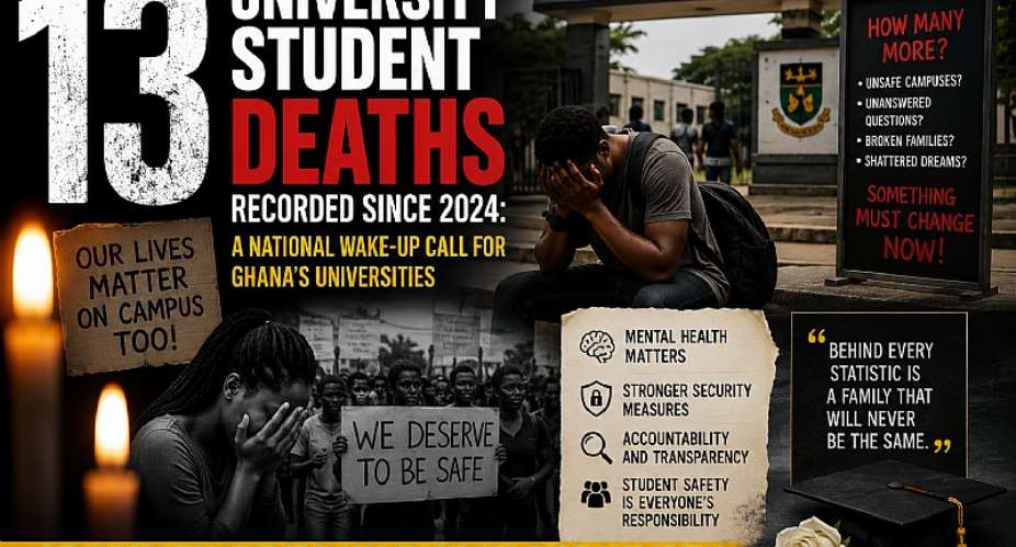 13 university student deaths recorded since 2024 is more than a statistic it is a wake-up call for Ghanas tertiary institutions. It raises urgent questions about campus safety, mental health support, and accountability in protecting the very lives meant to be shaped by education.