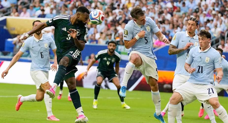 Saudi Arabias Feras Albrikan heads the ball during the Group H match against Uruguay in Miami Gardens, Florida, on June 15, 2026. -  Lynne Sladky, AP