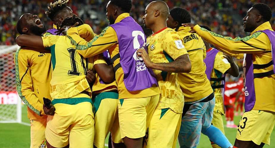 Ghanas Antoine Semenyo celebrates with teammates after Caleb Yirenkyi scored their first goal. -  Piroschka Van De Wouw, Reuters
