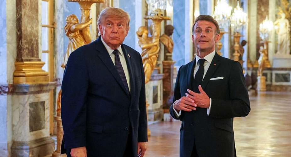 US President Donald Trump receives a tour of Chateau de Versailles from President of France Emmanuel Macron ahead of a dinner, in France, on June 17, 2026. -  Anna Moneymaker, AP