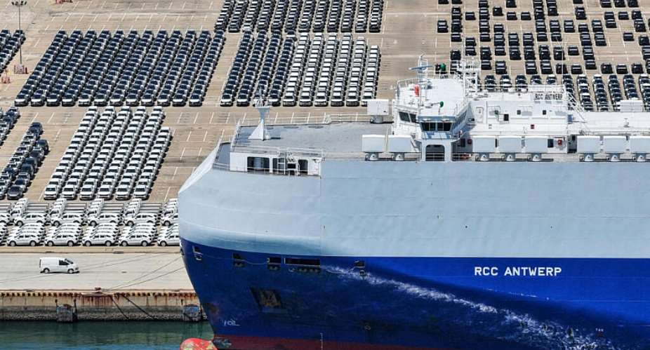 Chinese-made cars being loaded on to a European freight ship for export at a port in Yantai, in Chinas eastern Shandong province, on 11 June 2026. -  AFP