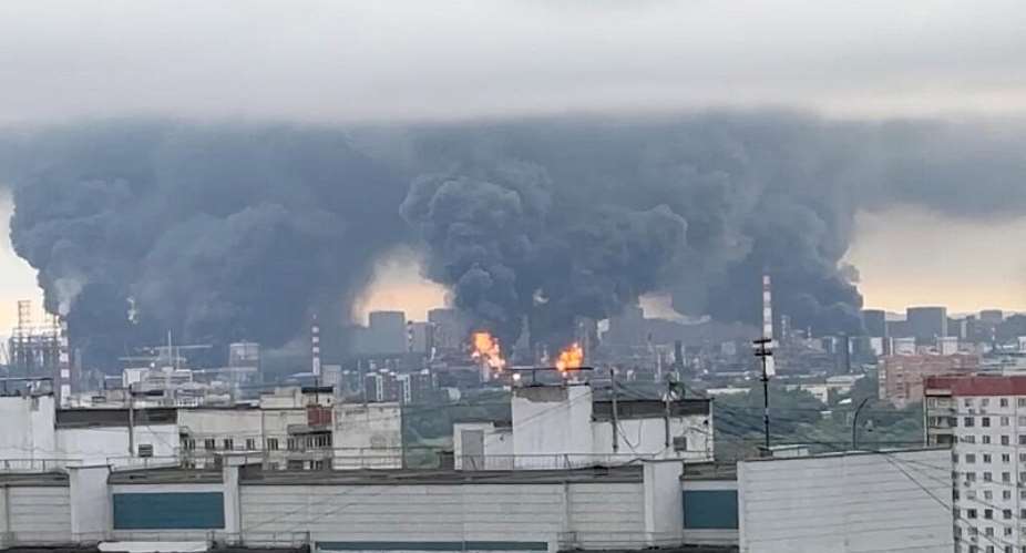 Thick plumes of smoke with flames rise from an oil refinery in Moscow, Russia, June 18, 2026 in this screengrab taken from a social media video. -  Social media via Reuters