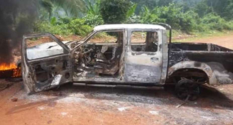 One of the company's vehicles burnt by the angry workers
