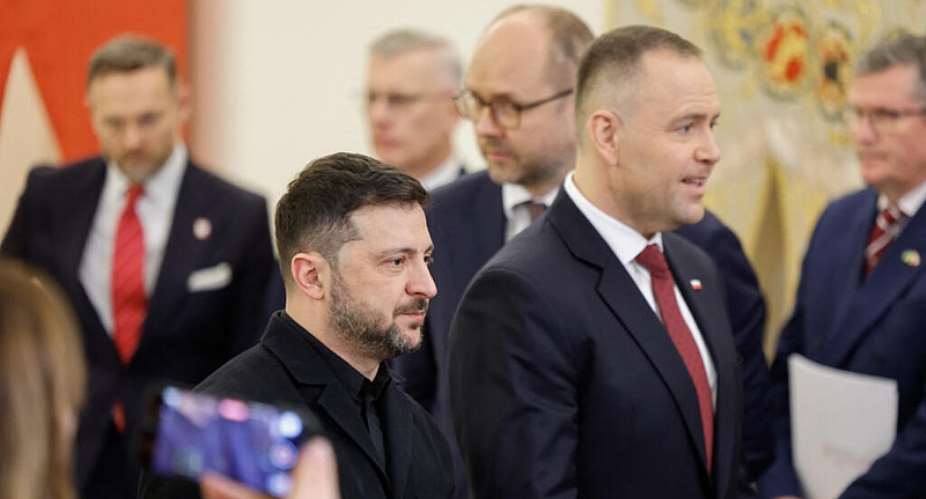 Ukraines President Volodymyr Zelensky and Polands President Karol Nawrocki are shown at the Presidential Palace in Warsaw on December 19, 2025. -  Wojtek Radwanski, AFP