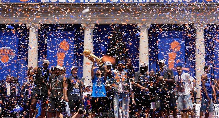 Players celebrate during the New York Knicks NBA championship parade Thursday, June 18, 2026, in New York. -  Yuki Iwamura, AP