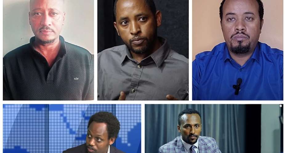 Dozens of Ethiopian journalists have fled since 2020 due to harassment and persecution. They include (clockwise from top left): Tesfa-Alem Tekle, Woldegiorgis Ghebrehiwet Teklay, Belete Kassa, Yayesew Shimelis, and Guyo Wariyo. (Photos: Courtesy Tesfa-Alem Tekle; YouTube screenshots from Yabele Media, Ethio News, Ethio Forum, Oromia Media Network)