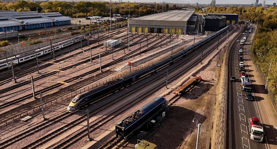 An aerial photograph shows the Temple Mills International train depot in east London, on October 27, 2025. -  Yelim Lee, AFP