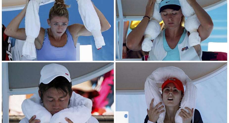 Tennis players Camila Giorgi of Italy (top L), Maria Sharapova of Russia (top R), Kei Nishikori of Japan (bottom L) and Alize Cornet of France (bottom R) use ice-packed towels to cool off at the 2014 Australian Open. -  REUTERS/Bobby Yip/David Gray/Petar