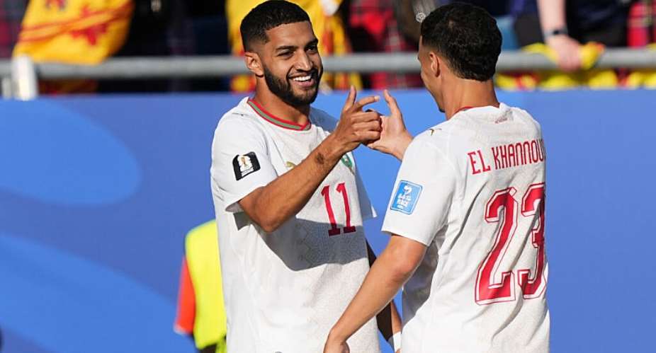 Moroccos Ismael Saibari, left, is congratulated after scoring his sides opening goal during the World Cup Group C soccer match between Scotland and Morocco in Foxborough, Mass., on June 19, 2026. -  Martin Meissner, AP