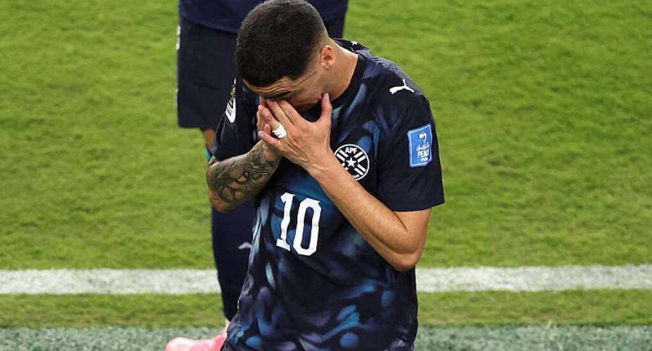 Paraguays Miguel Almiron became the first player to be sent off at the World Cup for coverning his mouth while talking to an opponent during a match. -  Getty Images via AFP - STU FORSTER