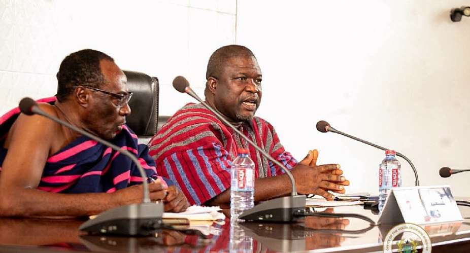 President of the Volta Regional House of Chiefs, Togbe Tepre Hodo IV (left) with the Volta Regional Minister, Hon James Gunu (right).