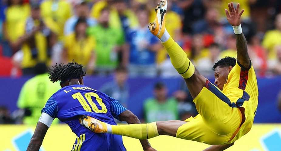 Ecuadors Gonzalo Plata (right) in action with Curaaos Leandro Bacuna. -  Hannah McKay, Reuters