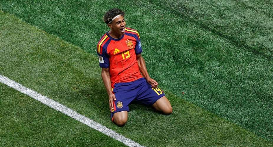Spains Lamine Yamal celebrates after scoring his first goal at a World Cup. -  Butch Dill, AP