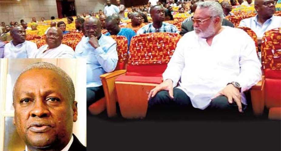 Jerry John Rawlings with other dignitaries at theNational Theater on Thursday. INSET: John Mahama