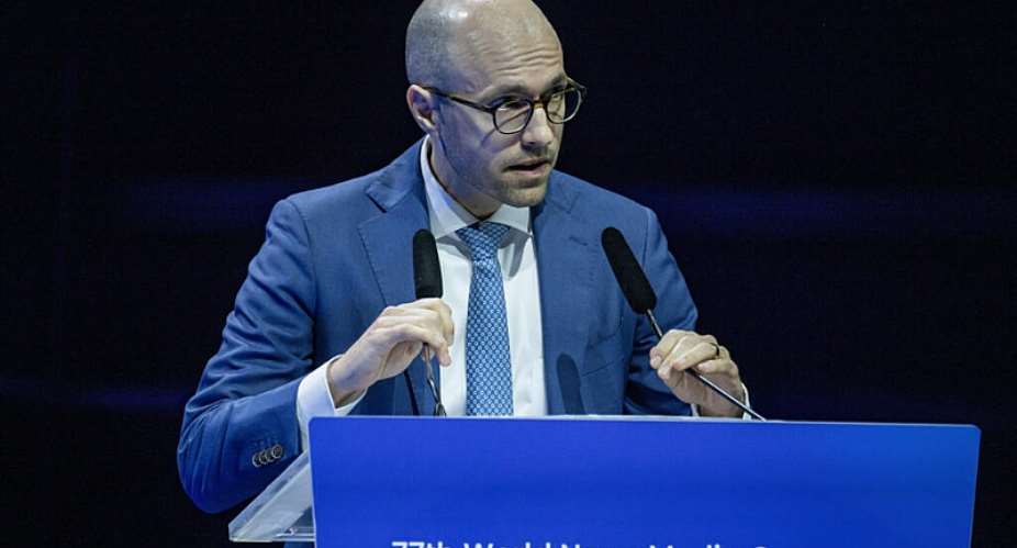 The publisher of The New York Times, Arthur Gregg Sulzberger, during his speech at the World Media Congress in Marseille, 1 June 2026 -  MIGUEL MEDINA / AFP