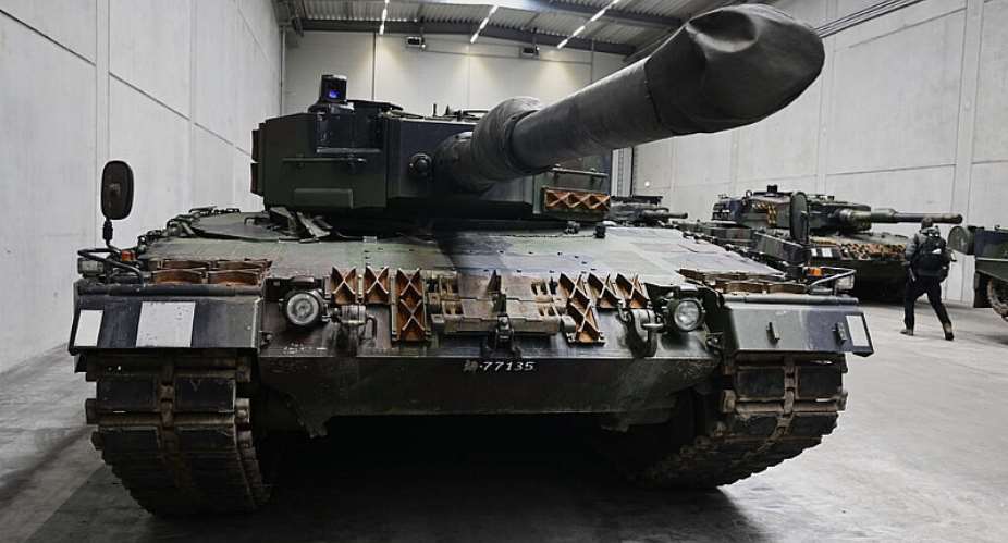 A view of a Leopard 2 tank at a production line in Unterluess, Germany, 12 February, 2024. - AP - Fabian Bimmer