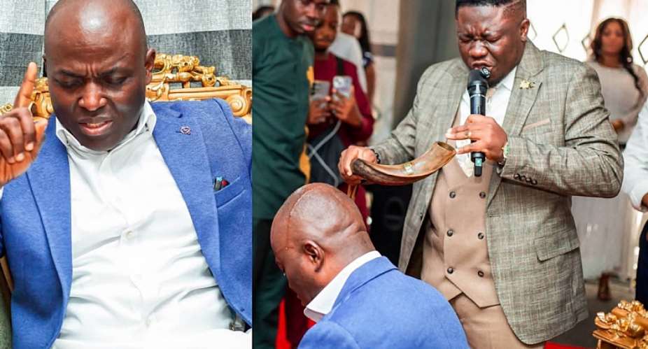 Prophet Emmanuel Worlasi,  head pastor of Conquerors Chapel International, Kumasi, praying for Chairman Coka during his visit to the church.