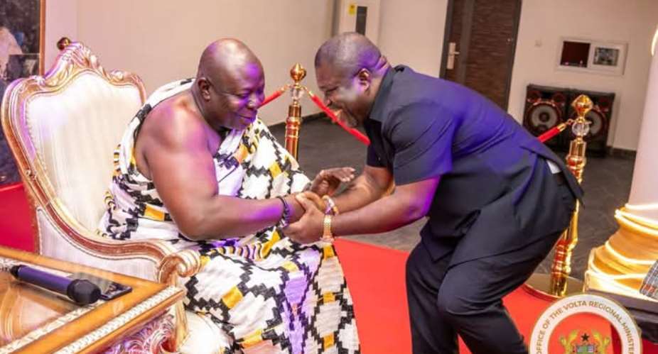 Mr. Gunu exchanging pleasantry with Togbe Adzongaga Amenya Fiti V at his Palace