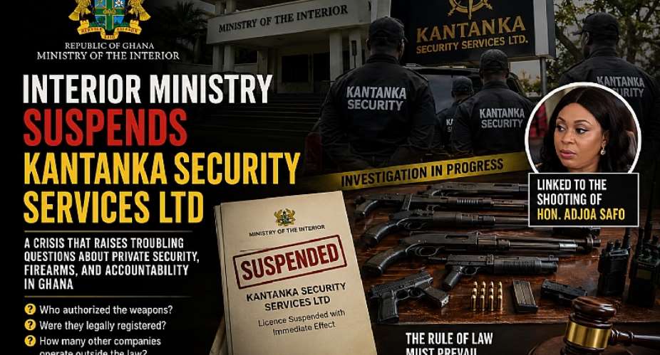 Suspension of Kantanka Security Services Ltd by Ghanas Interior Ministry exposes deeper cracks in private security oversight, firearms control, and accountability. The unanswered question remains: how did regulatory lapses reach this point, and what risks were silently growing in plain sight?