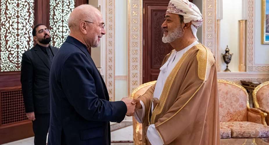 Omans Sultan Haitham bin Tarik (R) receiving Iranian Parliament Speaker and chief negotiator Mohammad Bagher Ghalibaf in Muscat on June 23, 2026. -  Omani News Agency,  AFP