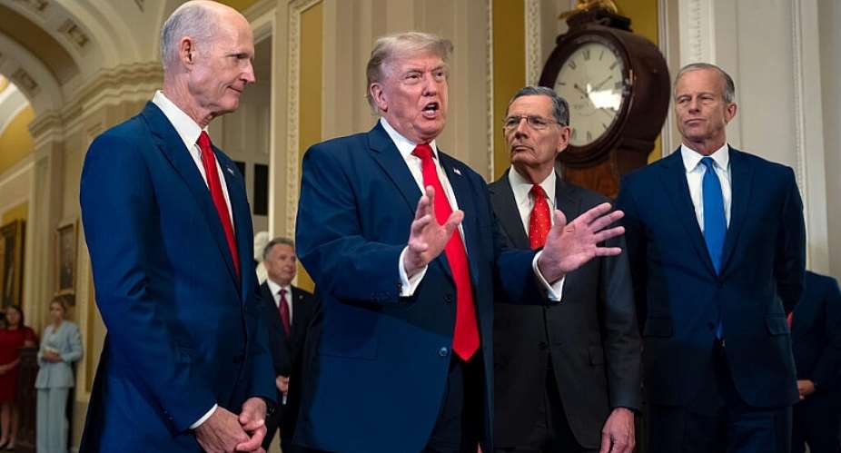 US President Donald Trump, joined by Sen. Rick Scott, R-Fla., Sen. John Barrasso, R-Wyo., and Senate Majority Leader John Thune, R-S.D., speaks to reporters at the Capitol in Washington DC on June 24, 2026. -  J. Scott Applewhite, AP
