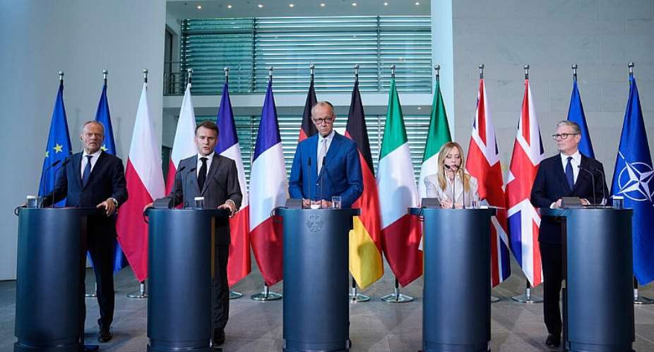 Polands Prime Minister Donald Tusk, French President Emmanuel Macron, German Chancellor Friedrich Merz, Italian Prime Minister Giorgia Meloni and Britains Prime Minister Keir Starmer attend a press conference at the E5 NATO Summit in Berlin on June 24, 2026. -  Ebrahim Noroozi, AP