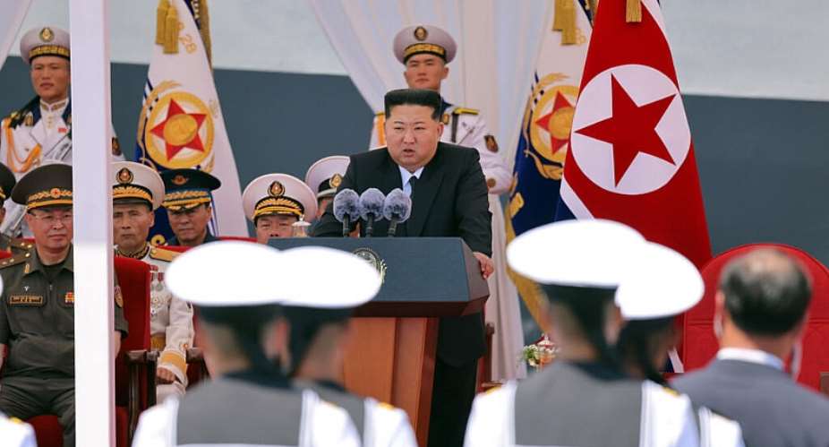 North Korean leader Kim Jong Un speaks during a commissioning ceremony of the destroyer Choe Hyon at the port in Nampo on June 23, 2026. -  KCNA via KNS via AP
