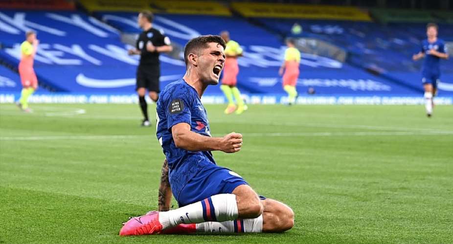 Christian Pulisic of Chelsea celebrates after scoring his sides first goal during the Premier League match between Chelsea FC and Manchester City at Stamford BridgeImage credit: Getty Images