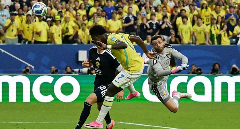 Vinicius Junior heads in his and Brazils second goal in their 3-0 World Cup win over Scotland on Wednesday -  CHANDAN KHANNA, AFP